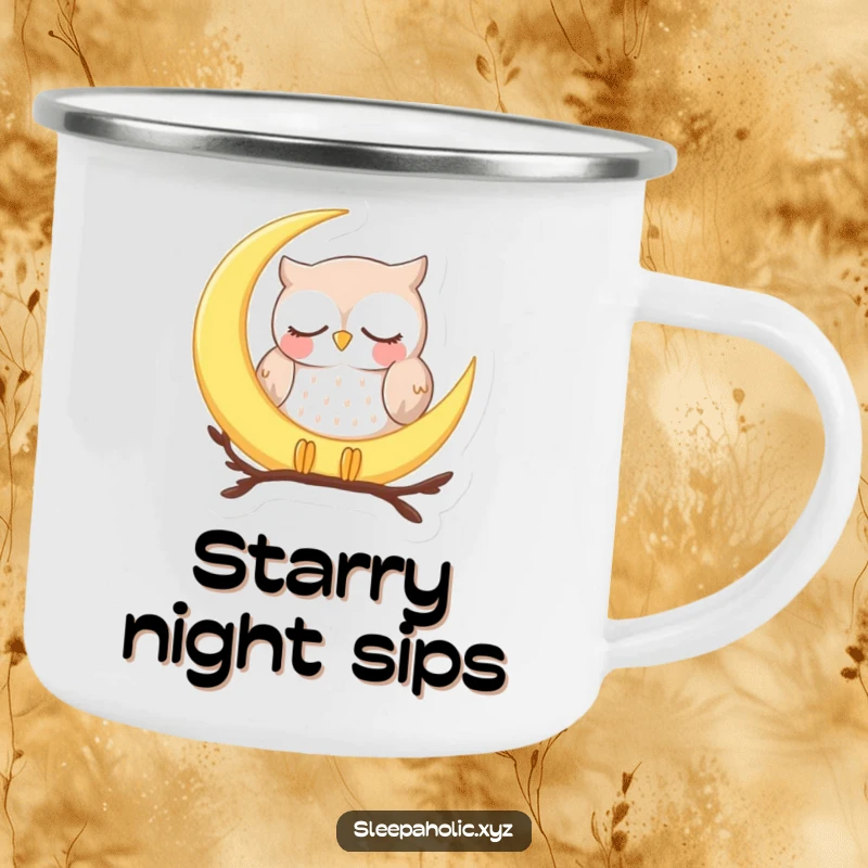 Funny sleepy owl camping mug, depicting a peaceful owl dozing on a crescent moon, ideal for campers who love peace.