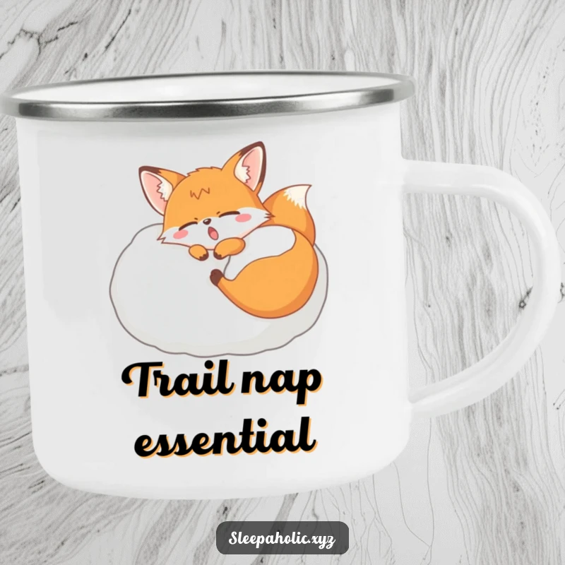 Funny yawning fox camping mug, depicting a sleepy fox dozing on a pillow, ideal for campers who love comfort.