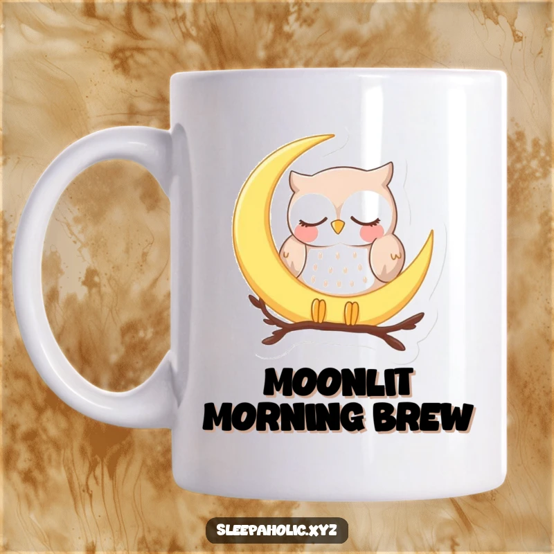 Funny sleepy owl mug, peacefully dozing on a crescent moon, conveying tranquility and nighttime magic, perfect for coffee lovers.