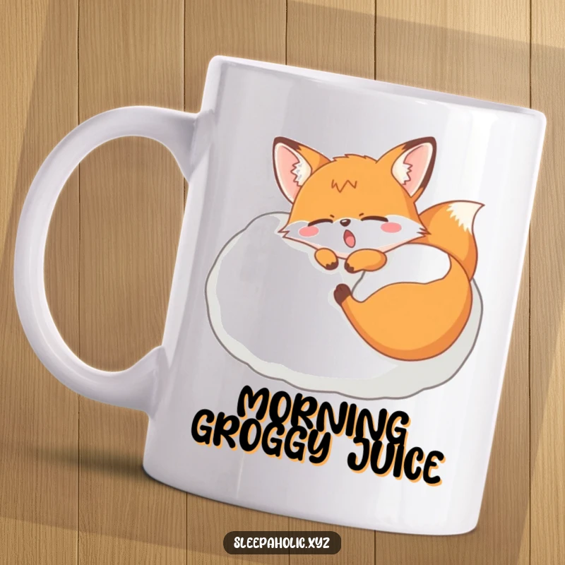 Funny yawning fox mug, curled up on a giant pillow, conveying ultimate relaxation and sleepiness, perfect for coffee lovers.