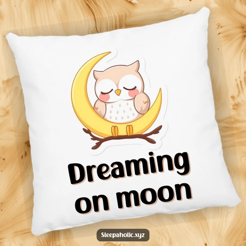 Funny sleepy owl pillow, featuring a peaceful owl dozing on a crescent moon, offering maximum comfort and dreamy vibes.