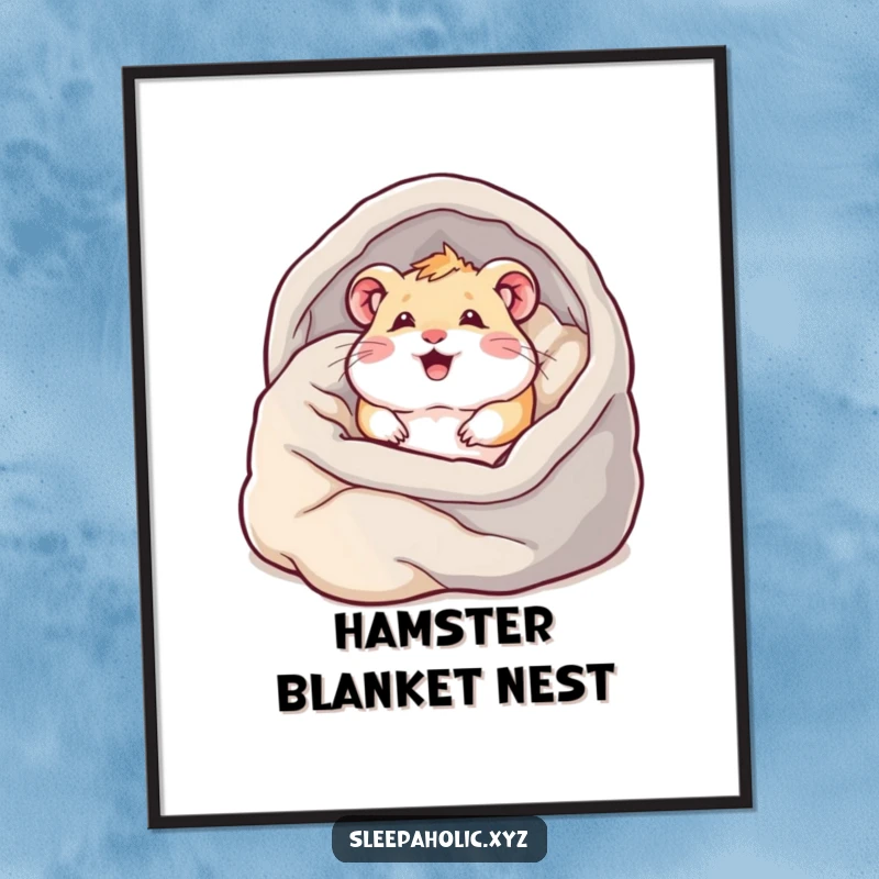 Funny hamster digital art print, depicting a content hamster burrowing into a mountain of soft blankets, perfect for creating a cozy atmosphere.