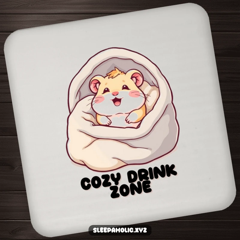 Funny hamster coasters, showing a content hamster burrowing into blankets, protecting tables with adorable charm.
