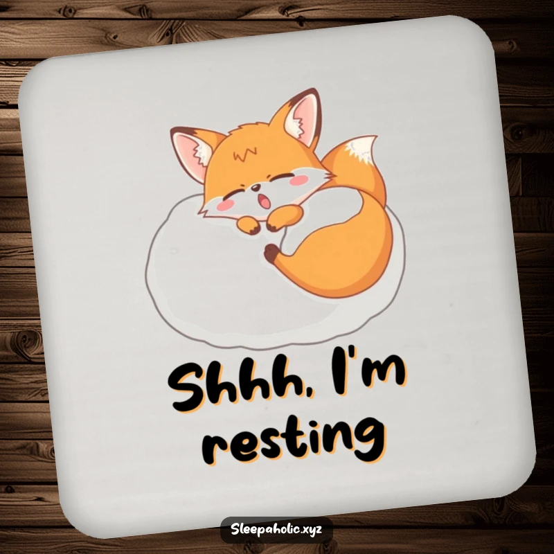 Funny yawning fox coasters, showing a sleepy fox napping on a pillow, protecting tables with cute charm.