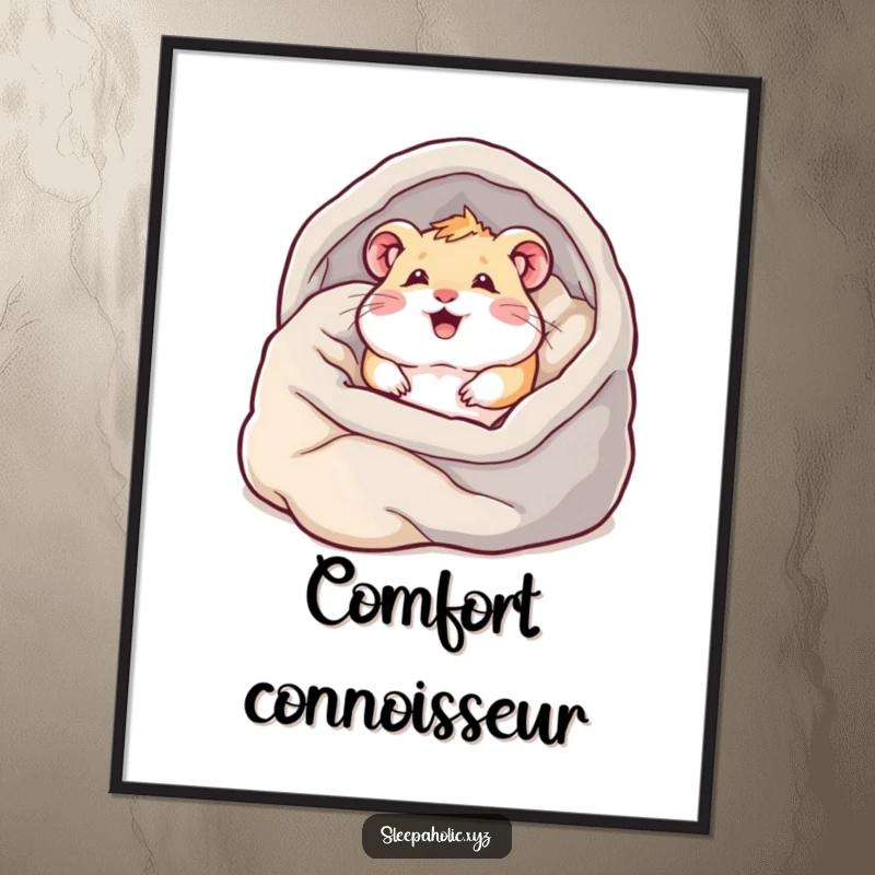 Funny hamster poster, depicting a content hamster burrowing into a mountain of blankets, ideal for any cozy room decor.