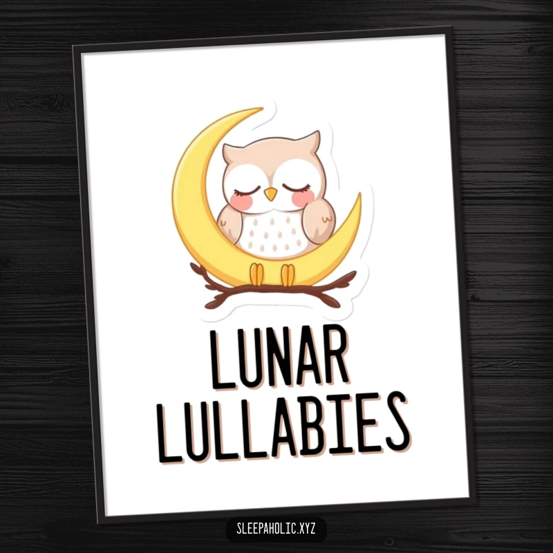 Funny sleepy owl poster, depicting a peaceful owl dozing on a crescent moon, ideal for any room's serene decor.