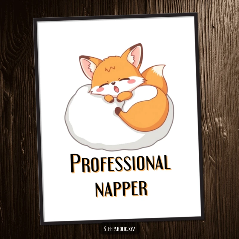 Funny yawning fox poster, depicting a relaxed fox sleeping on a giant pillow, ideal for bedroom or living room decor.