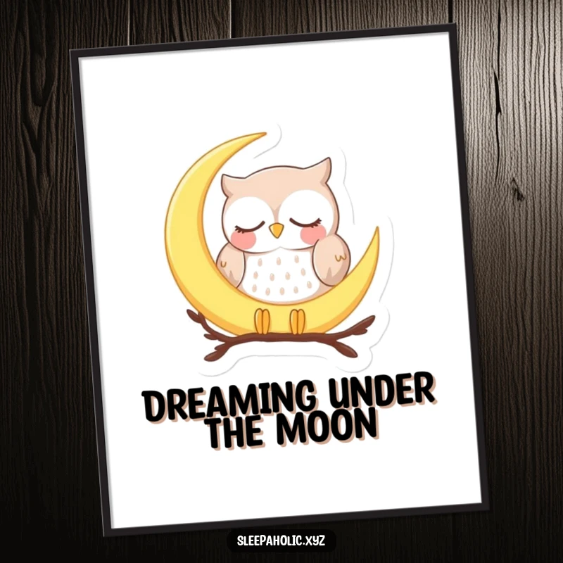 Funny Free Printable Wall Art: Happy owl peacefully sleeping on a soft crescent moon, under a starry night sky.