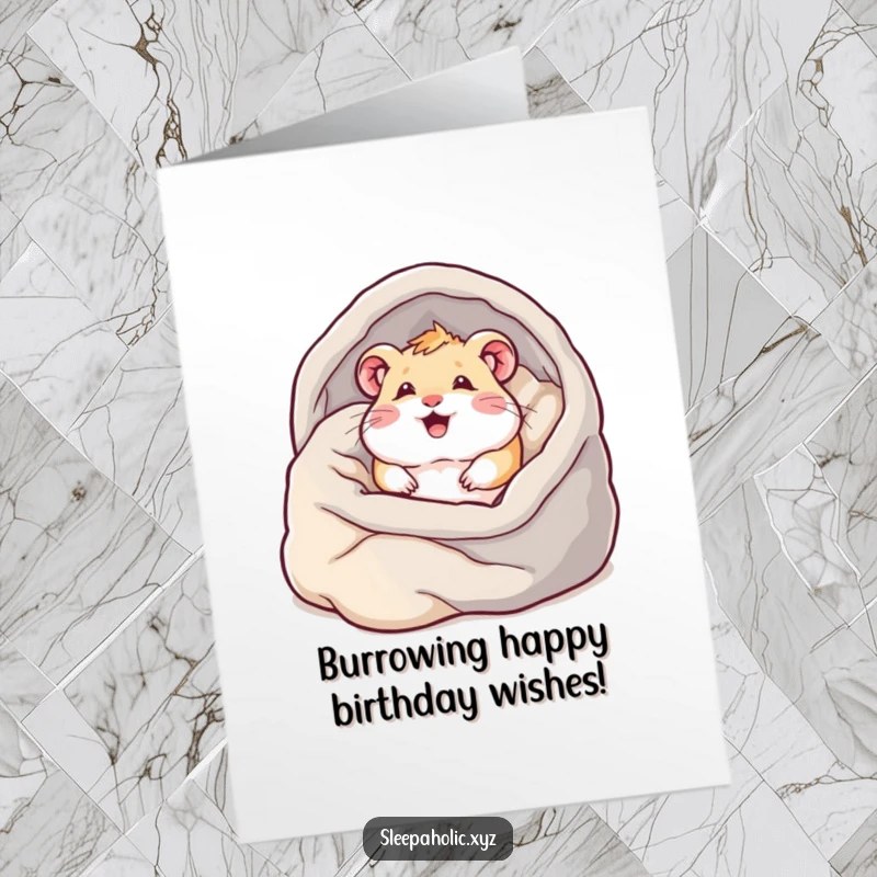 Funny Free Printable Birthday Card: Content hamster joyfully diving into a massive mound of soft, fluffy blankets, celebrating warmth.