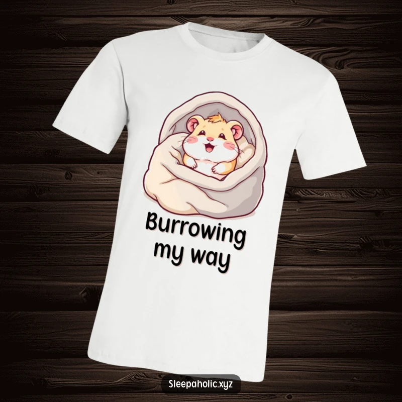 Funny hamster t-shirt, depicting a happy hamster tunneling through a mountain of plush blankets, ideal for comfort lovers.