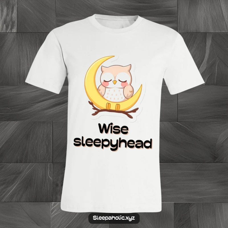 Funny sleepy owl t-shirt, depicted dozing peacefully on a crescent moon, ideal for night owls and relaxation enthusiasts.