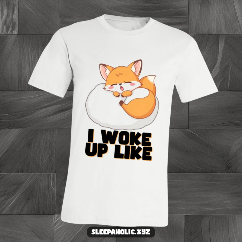 Funny yawning fox t-shirt, depicted sleeping soundly on a large fluffy pillow, ideal for relaxation and comfort lovers.