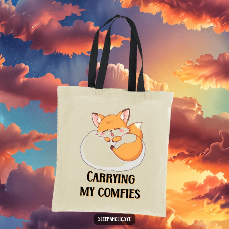 Funny yawning fox tote bag, featuring a sleepy fox napping on a plush pillow, great for carrying everyday items.