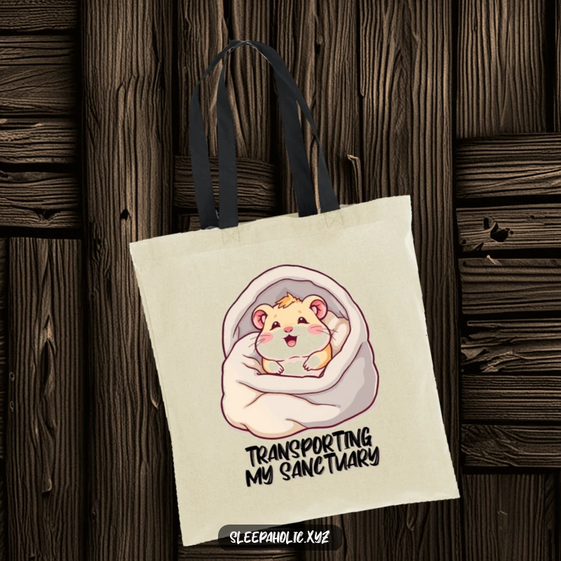 Funny hamster tote bag, featuring a happy hamster burrowing into blankets, great for carrying essentials and comfort items.
