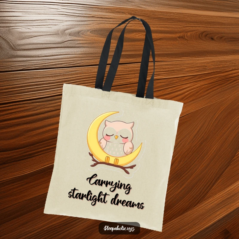 Funny sleepy owl tote bag, featuring a peaceful owl napping on a crescent moon, great for carrying everyday items.